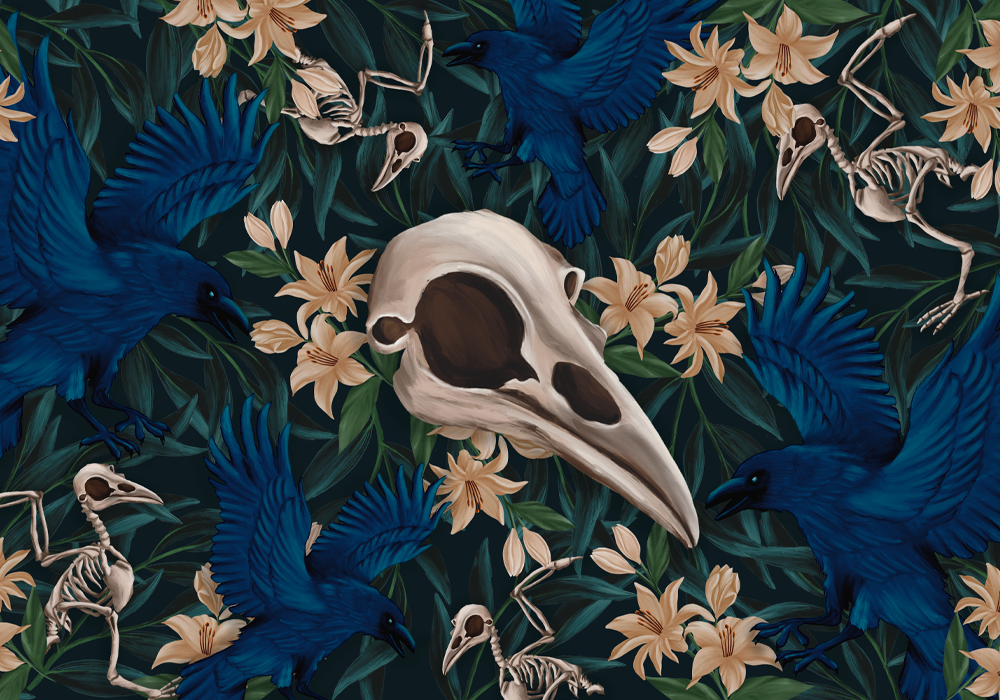 A layered illustration of raven skull at the center with lillies, raven skeletons, and greenery overlapping.