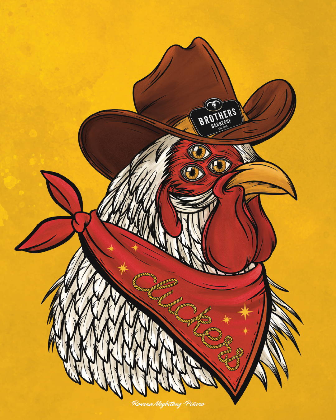 A three-eye chicken with a cowboy hat and a red bandana that reads, "Cluckers."