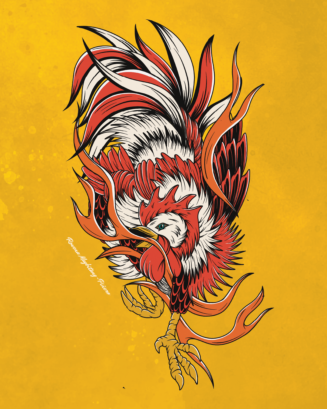 A chicken illustrated in a Japanese style with flames coming out of its mouth.