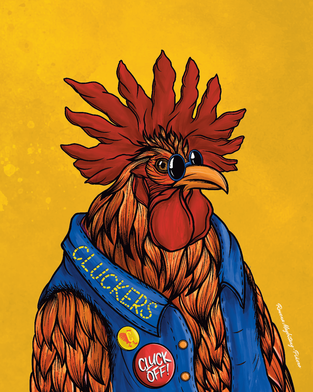 An illustration of a chicken with a skater aesthetic. He is wearing a ripped denim vest, sunglasses, and a pin that reads, "Cluck Off."The initial sketch of a chicken with a skater aesthetic. He is wearing a ripped denim vest, sunglasses, and a pin that reads, "Cluck Off."