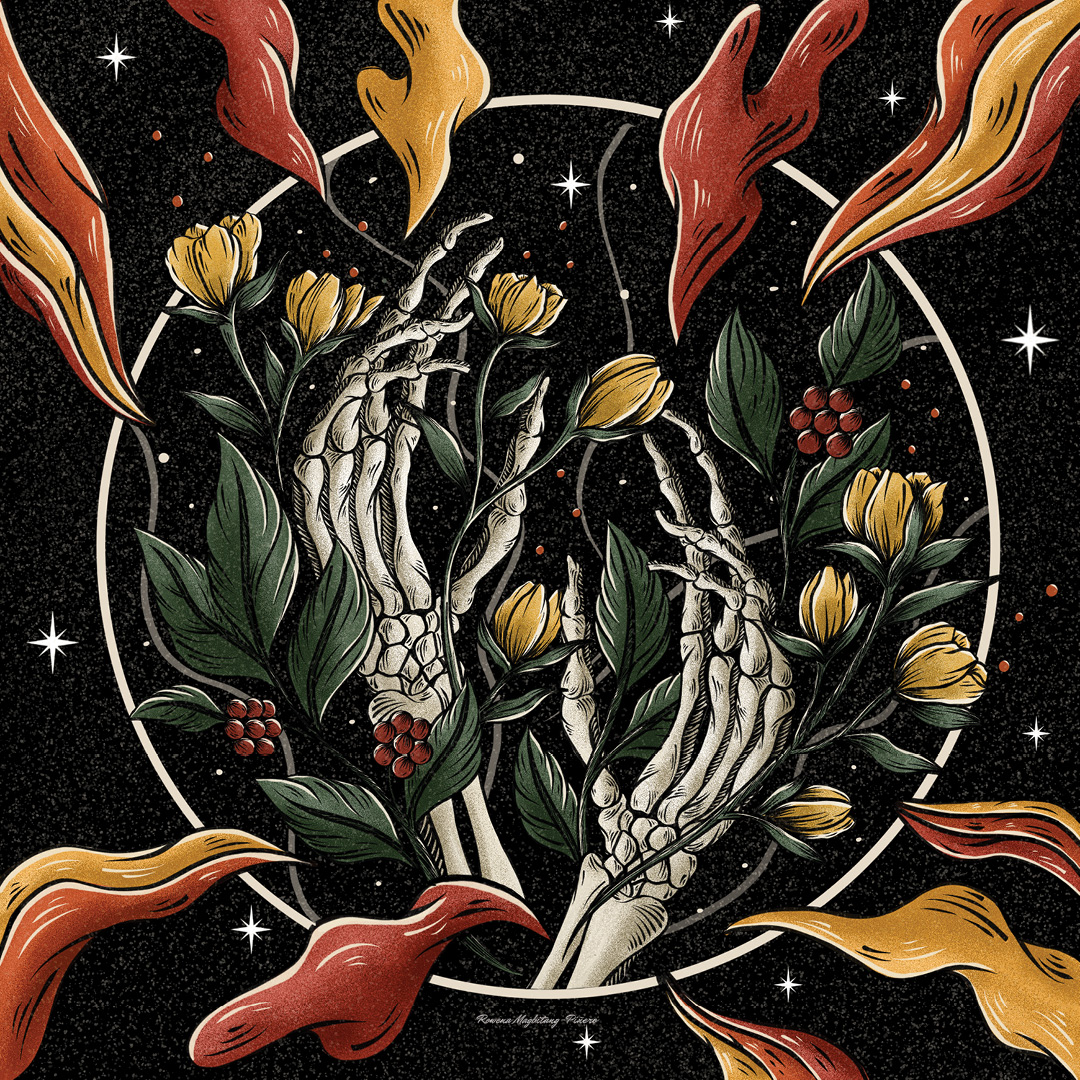 An illustration of skeleton hands with florals growing out of them.