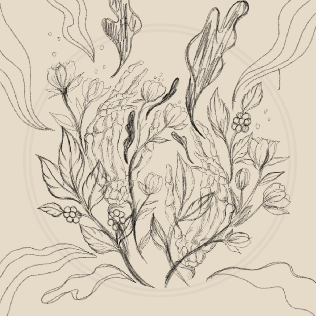 An initial sketch of an illustration of skeleton hands with florals growing out of them.