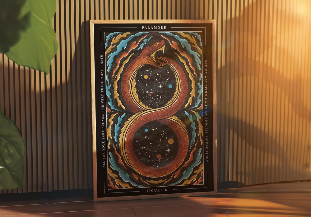 An illustration of a snake eating its own tail as a poster in a frame leaning against a wall.